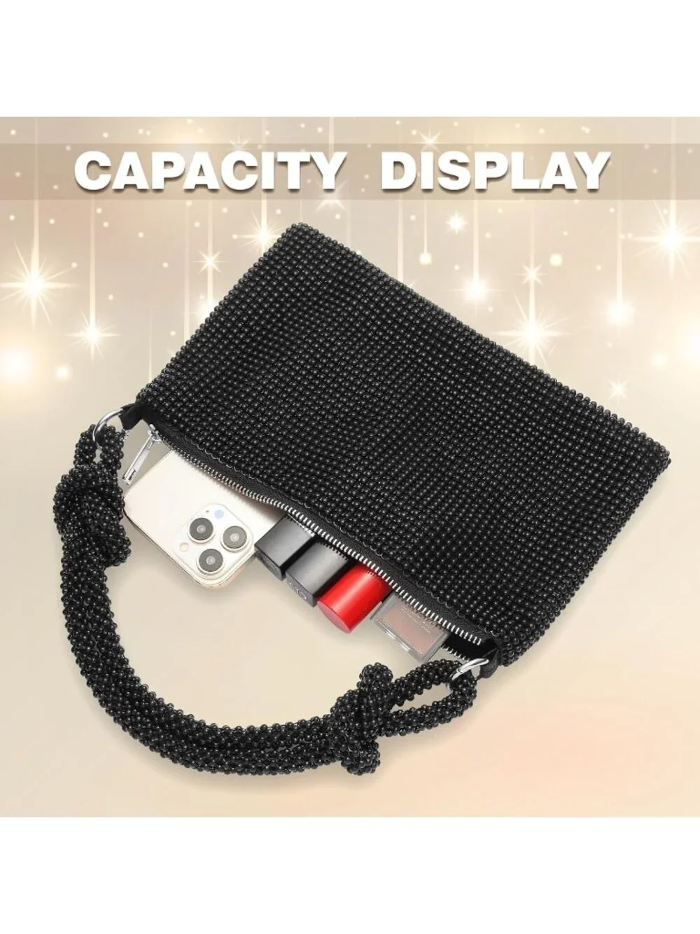 Women’s Black Beads Rhinestone Mesh Clutch Evening Handbag Wedding Party Purse